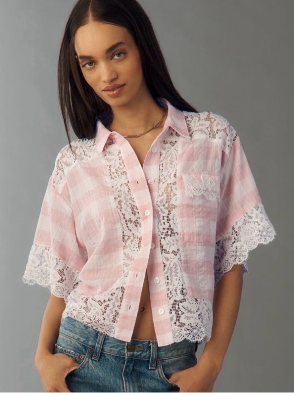 NWT Anthropologie Pink & White Plaid Lace Trim Flap Pocket Plaid Button Shirt S